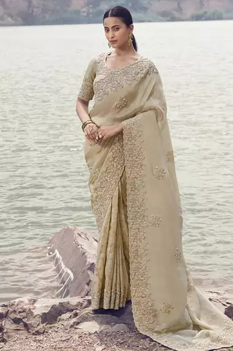 Beige tissue with jacquard butti, sequince work , heavy embroidery & khatli work saree