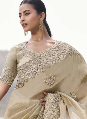 Beige tissue with jacquard butti, sequince work , heavy embroidery & khatli work saree 2