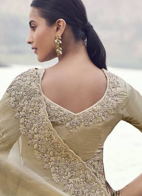 Beige tissue with jacquard butti, sequince work , heavy embroidery & khatli work saree 3