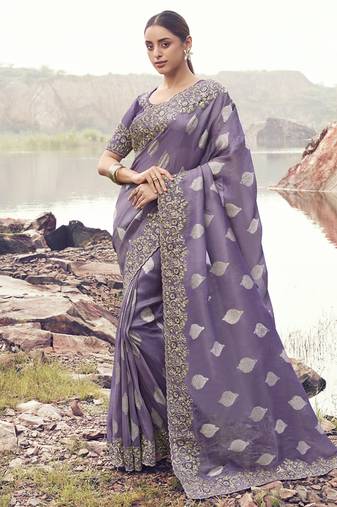 Mauve tissue with jacquard butti, sequince work , heavy embroidery & khatli work saree