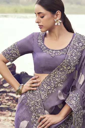 Mauve tissue with jacquard butti, sequince work , heavy embroidery & khatli work saree
