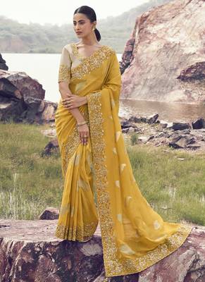 Yellow tissue with jacquard, sequince work , heavy embroidery & khatli work saree 1
