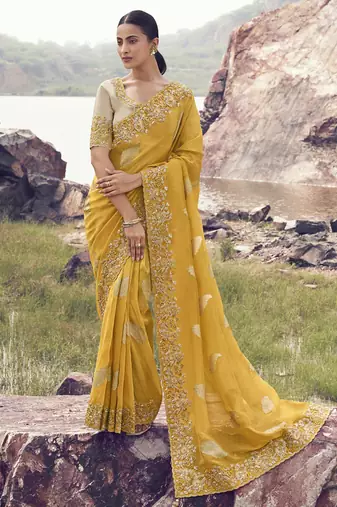 Yellow tissue with jacquard, sequince work , heavy embroidery & khatli work saree