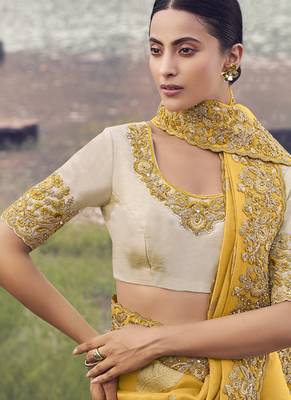 Yellow tissue with jacquard, sequince work , heavy embroidery & khatli work saree 2