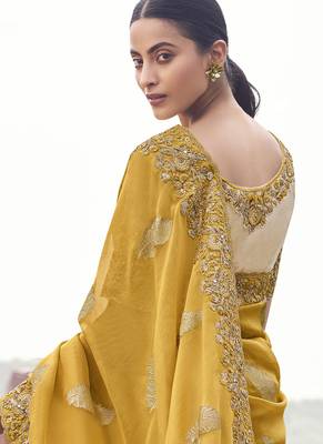 Yellow tissue with jacquard, sequince work , heavy embroidery & khatli work saree 3