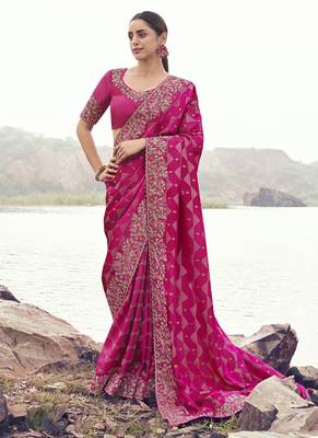 Rani pink satin with jacquard, sequince work , heavy embroidery & khatli work saree 1