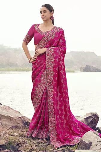 Rani pink satin with jacquard, sequince work , heavy embroidery & khatli work saree