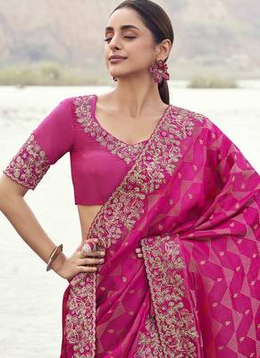 Rani pink satin with jacquard, sequince work , heavy embroidery & khatli work saree 2