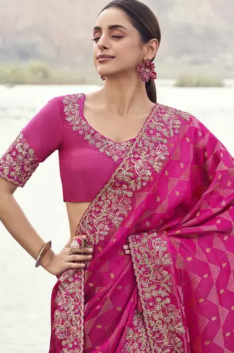 Rani pink satin with jacquard, sequince work , heavy embroidery & khatli work saree