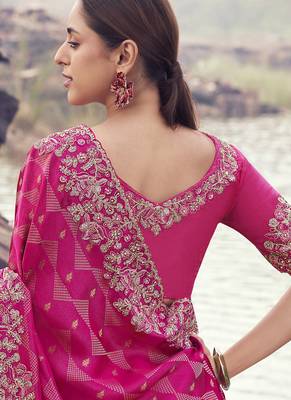 Rani pink satin with jacquard, sequince work , heavy embroidery & khatli work saree 3