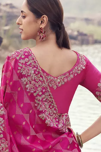Rani pink satin with jacquard, sequince work , heavy embroidery & khatli work saree