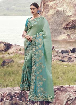 Turquoise bhagalpuri tissue, sequince work , heavy embroidery & khatli work saree 1