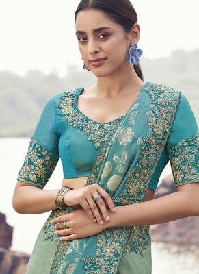 Turquoise bhagalpuri tissue, sequince work , heavy embroidery & khatli work saree 2