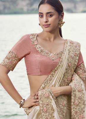 Cream satin silk, sequince work, heavy embroidery & khatli work saree 2