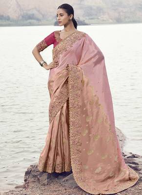 Peach tissue organza, sequince work, heavy embroidery & khatli work saree 1