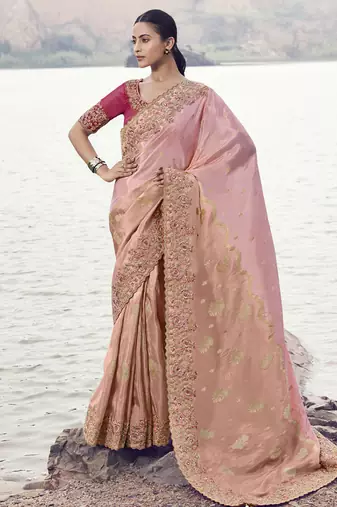 Peach tissue organza, sequince work, heavy embroidery & khatli work saree