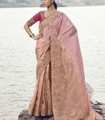 Peach tissue organza, sequince work, heavy embroidery & khatli work saree