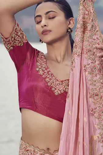 Peach tissue organza, sequince work, heavy embroidery & khatli work saree