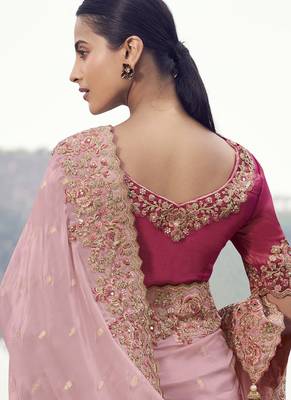 Peach tissue organza, sequince work, heavy embroidery & khatli work saree 3