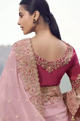 Peach tissue organza, sequince work, heavy embroidery & khatli work saree