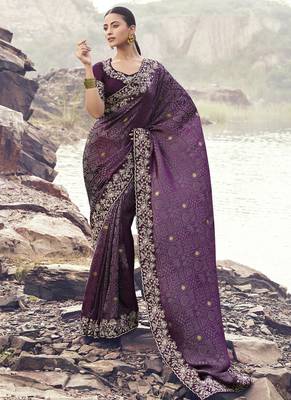 Wine satin with jaquard, sequince work, heavy embroidery & khatli work saree 1