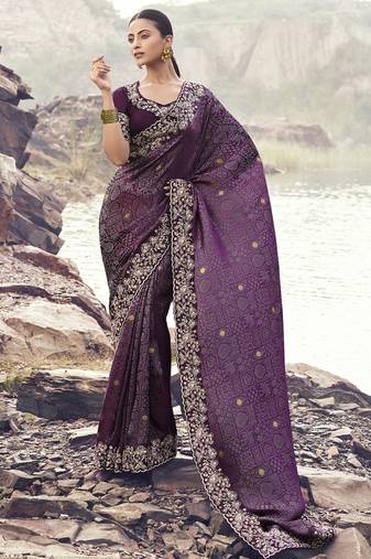 Wine satin with jaquard, sequince work, heavy embroidery & khatli work saree