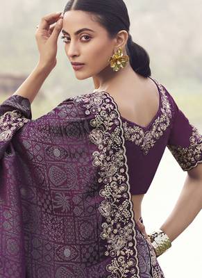 Wine satin with jaquard, sequince work, heavy embroidery & khatli work saree 2
