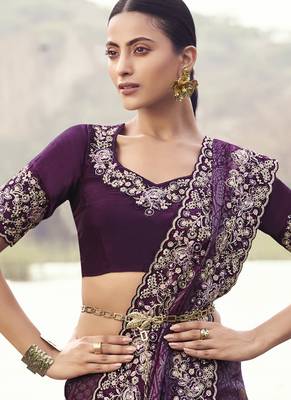 Wine satin with jaquard, sequince work, heavy embroidery & khatli work saree 3