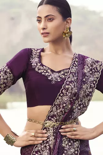 Wine satin with jaquard, sequince work, heavy embroidery & khatli work saree