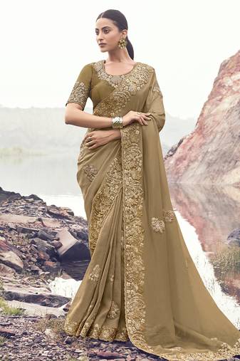 Chiku pure banarasi, sequince work, heavy embroidery & khatli work saree