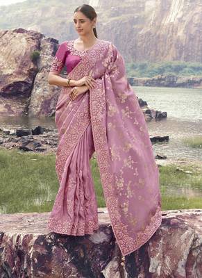 Onion pink tissue with jaquard, sequince work, heavy embroidery & khatli work saree 1