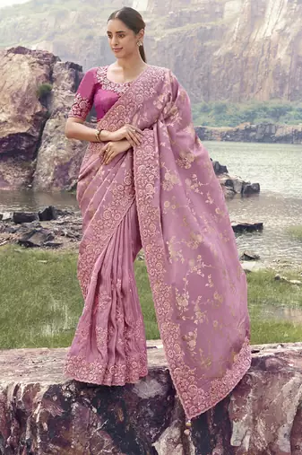 Onion pink tissue with jaquard, sequince work, heavy embroidery & khatli work saree