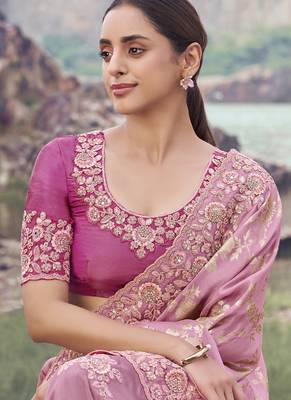 Onion pink tissue with jaquard, sequince work, heavy embroidery & khatli work saree 2