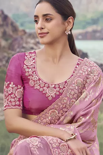 Onion pink tissue with jaquard, sequince work, heavy embroidery & khatli work saree