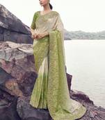 Shaded off-white & olive tissue with jaquard, sequince work, heavy embroidery & khatli work saree