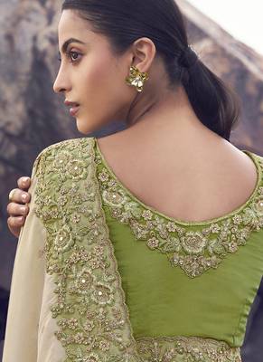 Shaded off-white & olive tissue with jaquard, sequince work, heavy embroidery & khatli work saree 3