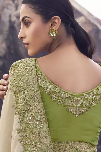 Shaded off-white & olive tissue with jaquard, sequince work, heavy embroidery & khatli work saree