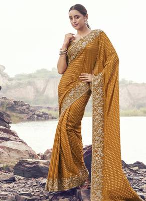 Copper satin with jaquard sequince work, heavy embroidery & khatli work saree 1