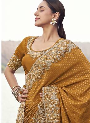 Copper satin with jaquard sequince work, heavy embroidery & khatli work saree 2
