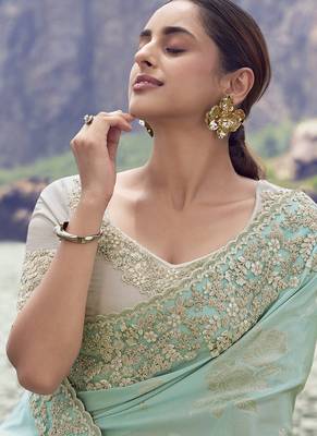 Light turquoise tissue with jaquard, sequince work , heavy embroidery & khatli work saree 2