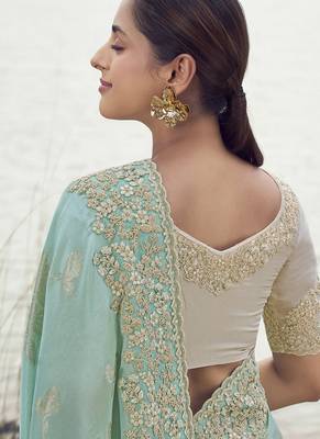 Light turquoise tissue with jaquard, sequince work , heavy embroidery & khatli work saree 3