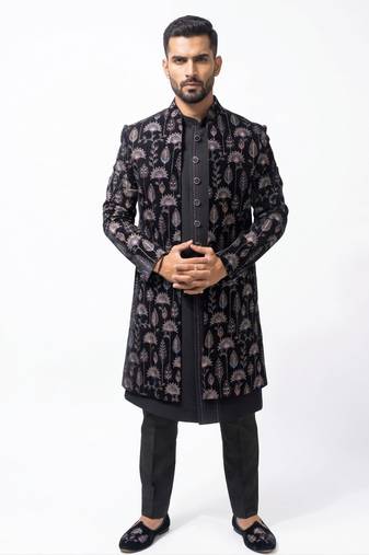 black velvet finish floral embroidery indo western sherwani