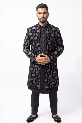 black velvet finish floral embroidery indo western sherwani