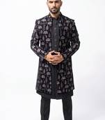 black velvet finish floral embroidery indo western sherwani