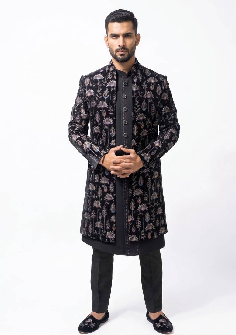 black velvet finish floral embroidery indo western sherwani