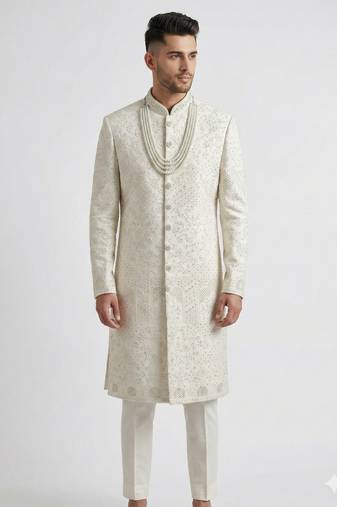 white silk blend crystal thread embroidered sherwani