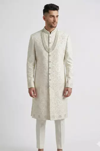 white silk blend crystal thread embroidered sherwani