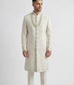 white silk blend crystal thread embroidered sherwani
