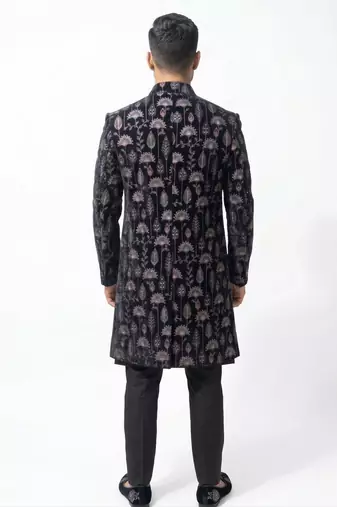 black velvet finish floral embroidery indo western sherwani