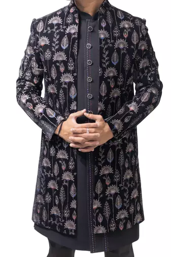 black velvet finish floral embroidery indo western sherwani